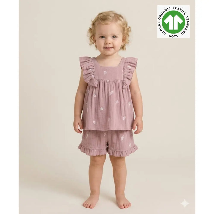 Sweetlime By AS Leaf Embroidered Ruffle Organic Cotton Co-ord Set - Dusty Pink