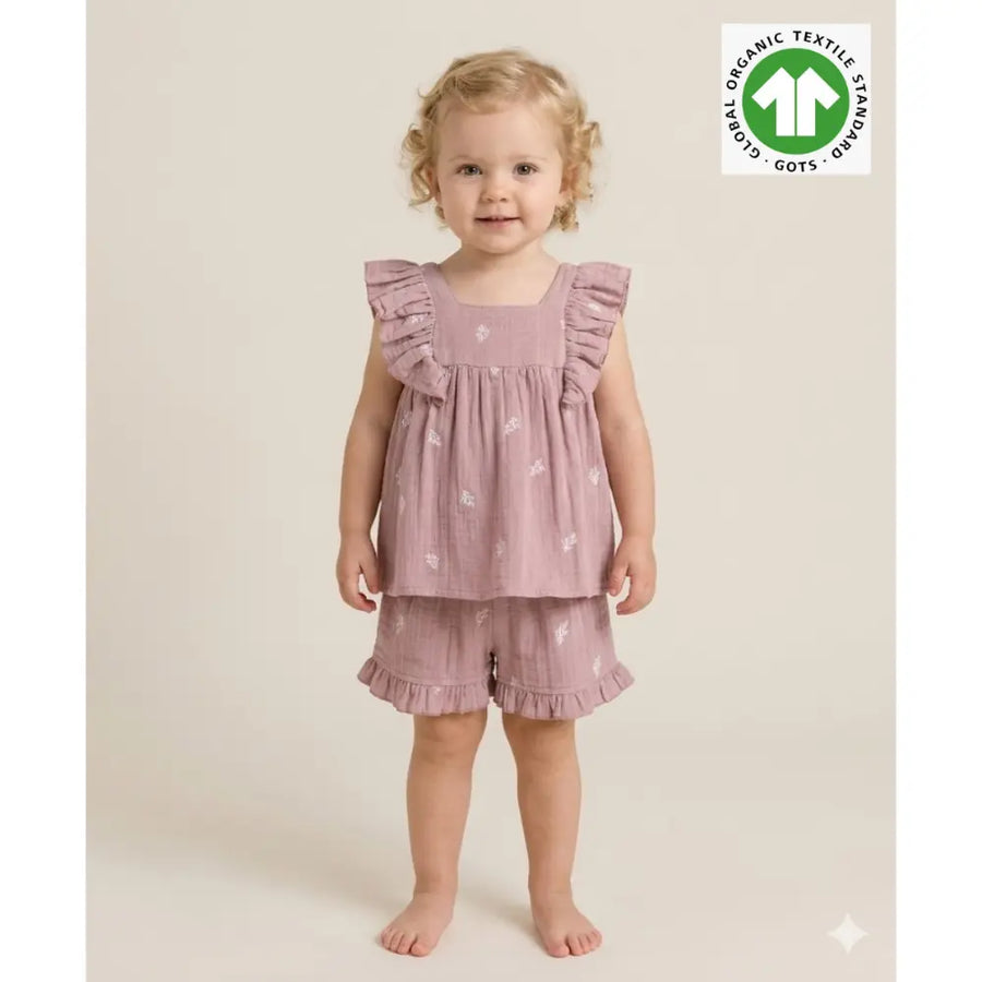 Sweetlime By AS Leaf Embroidered Ruffle Organic Cotton Co-ord Set - Dusty Pink
