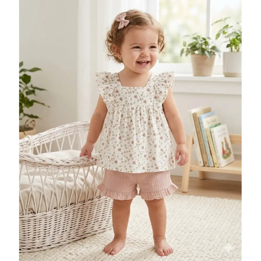 Sweetlime By AS Pumpkin & Floral Print Ruffle Organic Cotton Co-ord Set - Off-White & Peach