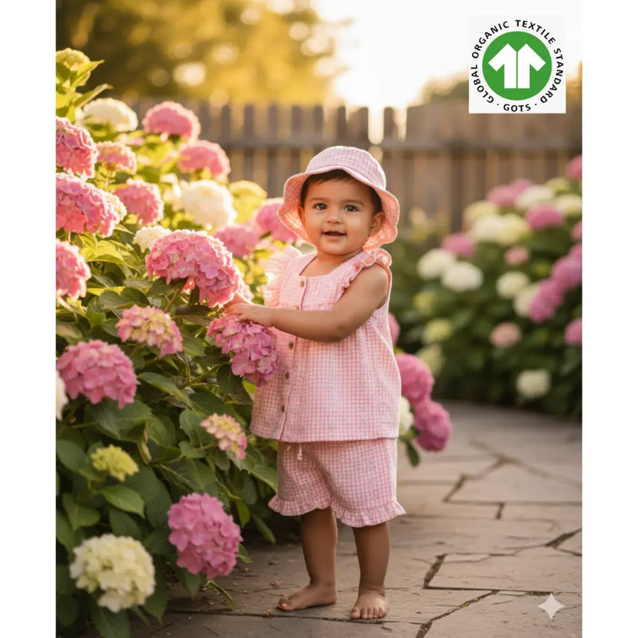 Sweetlime By AS Baby Girls Gingham Daisy Organic Cotton Co-ord Set with a Hat - Soft Pink