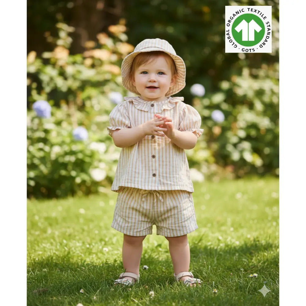 Sweetlime By AS Baby Girls Honey Stripe Organic Cotton Co-ord Set with a Hat - Beige