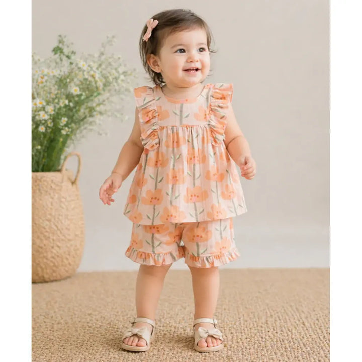 Sweetlime By As Peach Blossom Floral Ruffle Cotton Baby Girls Summer Co-ord Set