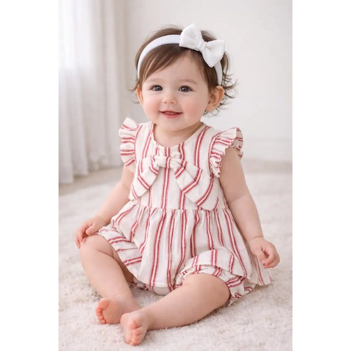 Sweetlime By AS Pink Striped Organic Cotton Dobby Dress &amp; Bloomer Co-ord Set
