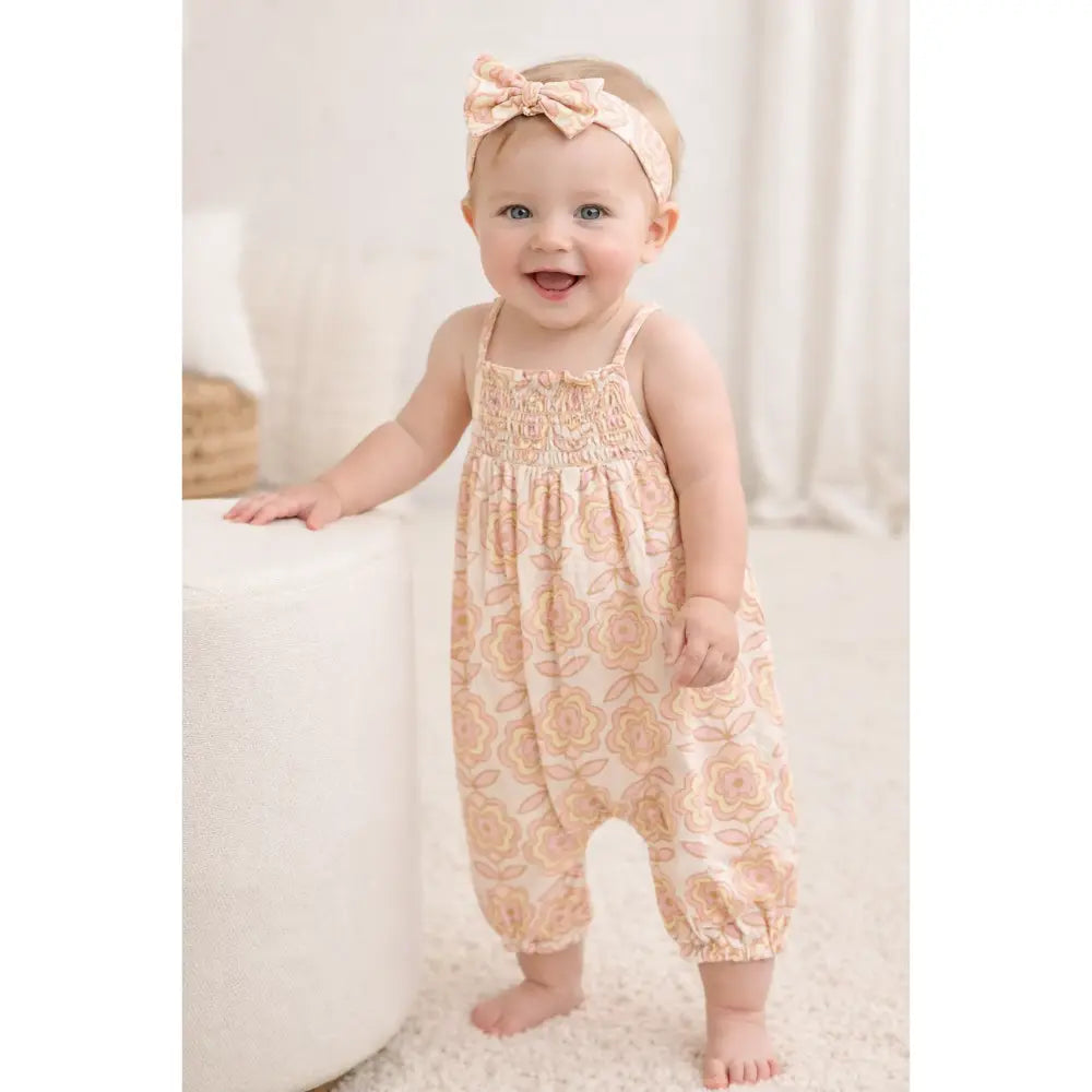 Sweetlime By As Groovy Bloom Smocked Cotton Romper &amp; Hairband Co-ord Set - Beige