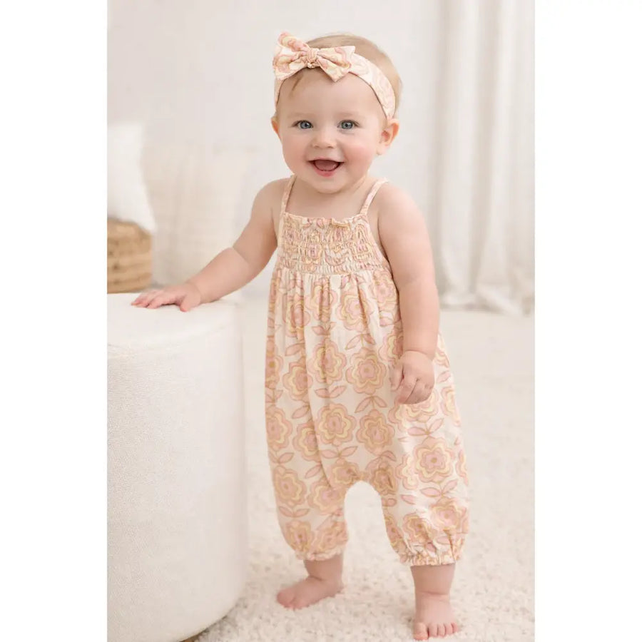 Sweetlime By As Groovy Bloom Smocked Cotton Romper & Hairband Co-ord Set - Beige