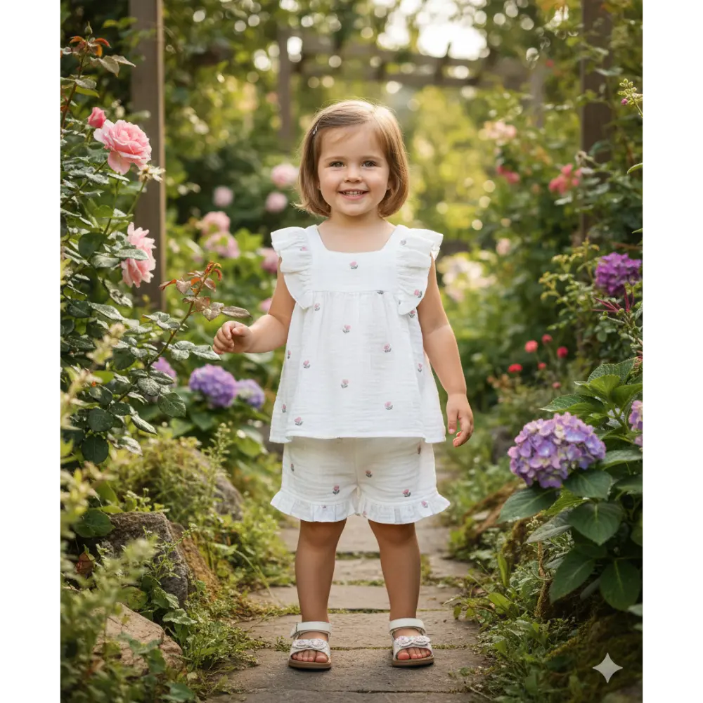 Sweetlime By AS Pink Floral Embroidery Ruffle Organic Cotton Co-ord Set