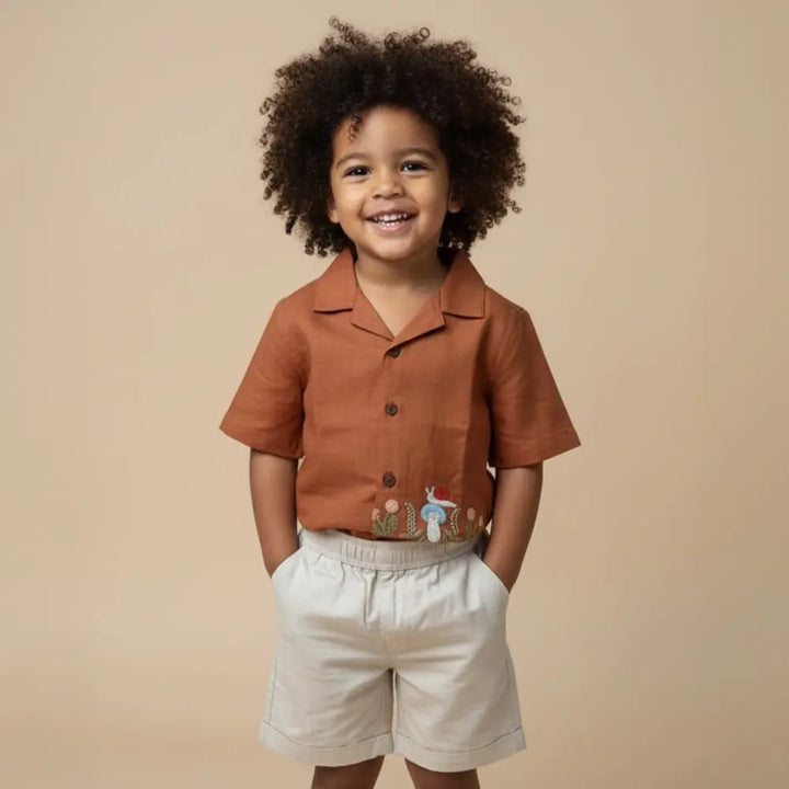 PureCloth.Co Snail Trail Boys Cotton Shirt and Shorts Set - Rust Orange &amp; Cream