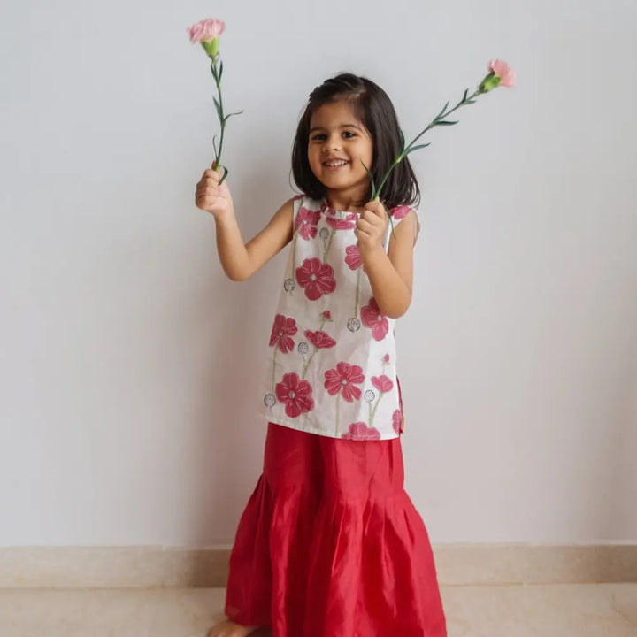 Dulaar Chanderi Sharara Set | Hand-Block Printed - Poppy Fields (Ruby)