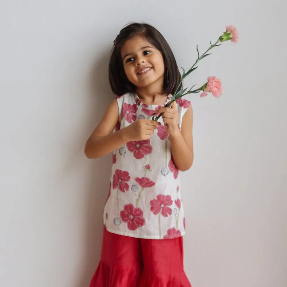 Dulaar Chanderi Sharara Set | Hand-Block Printed - Poppy Fields (Ruby)