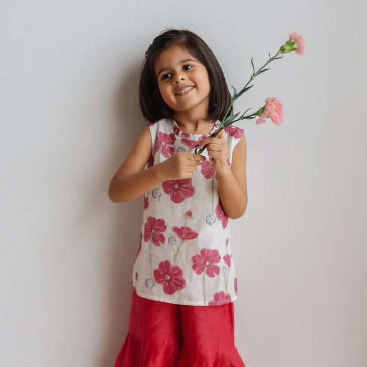 Dulaar Chanderi Sharara Set | Hand-Block Printed - Poppy Fields (Ruby)