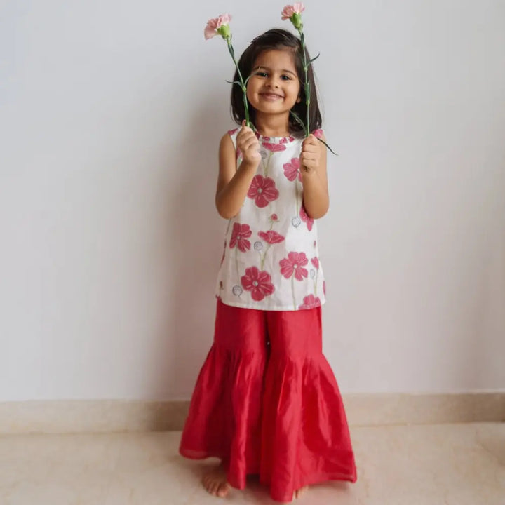 Dulaar Chanderi Sharara Set | Hand-Block Printed - Poppy Fields (Ruby)
