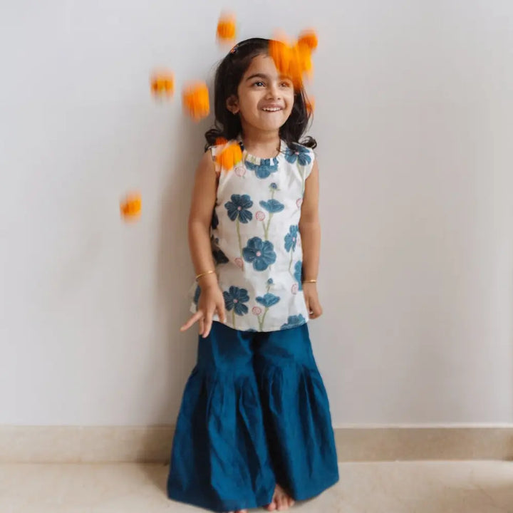Dulaar Chanderi Sharara Set | Hand-Block Printed - Poppy Fields (Sapphire)