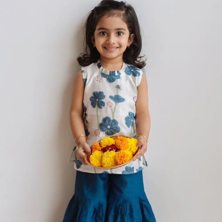 Dulaar Chanderi Sharara Set | Hand-Block Printed - Poppy Fields (Sapphire)