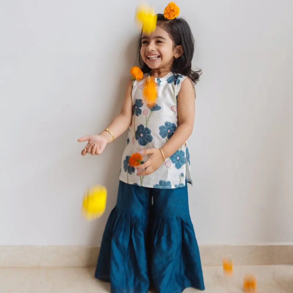 Dulaar Chanderi Sharara Set | Hand-Block Printed - Poppy Fields (Sapphire)
