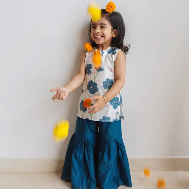 Dulaar Chanderi Sharara Set | Hand-Block Printed - Poppy Fields (Sapphire)