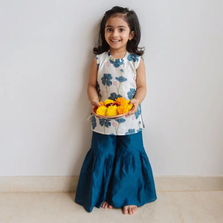Dulaar Chanderi Sharara Set | Hand-Block Printed - Poppy Fields (Sapphire)