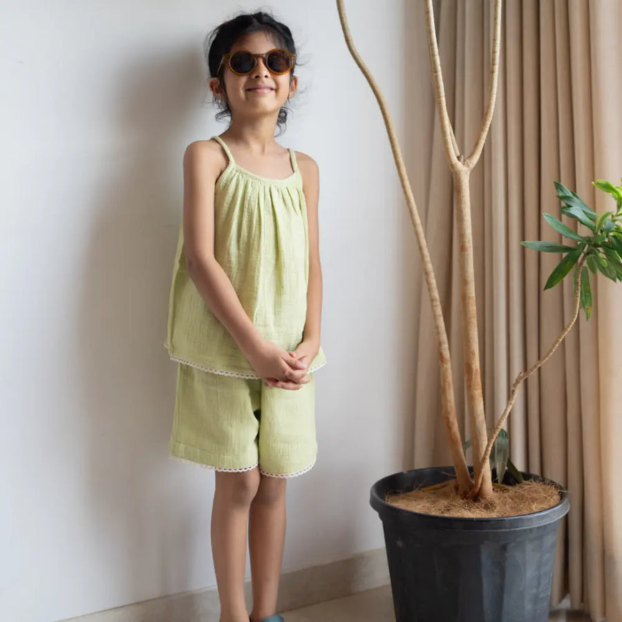 Dulaar Muslin Top & Shorts Set - Soft Pistachio