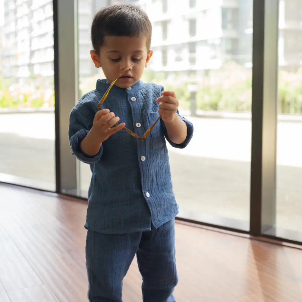 Dulaar Muslin Shirt &amp; Pants Set - Deep Blue