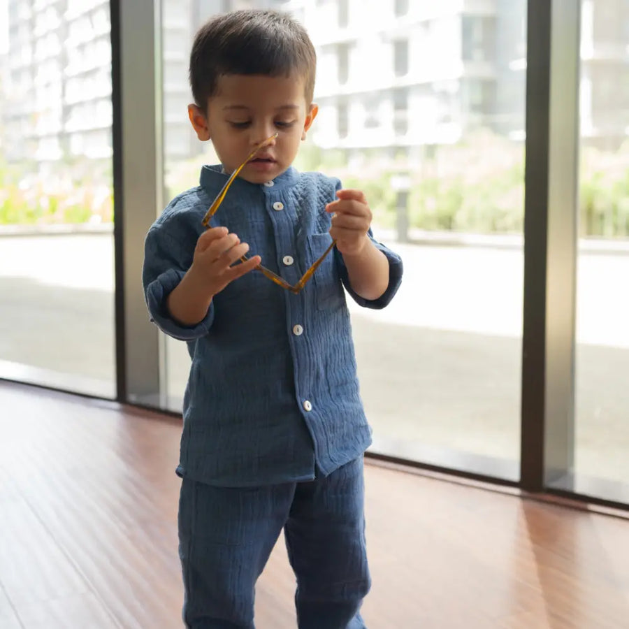 Dulaar Muslin Shirt & Pants Set - Deep Blue