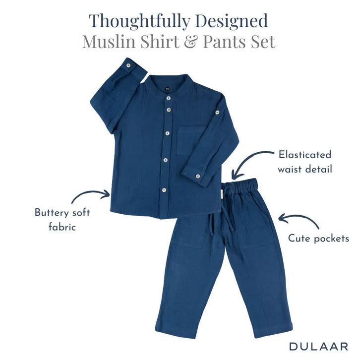 Dulaar Muslin Shirt &amp; Pants Set - Deep Blue