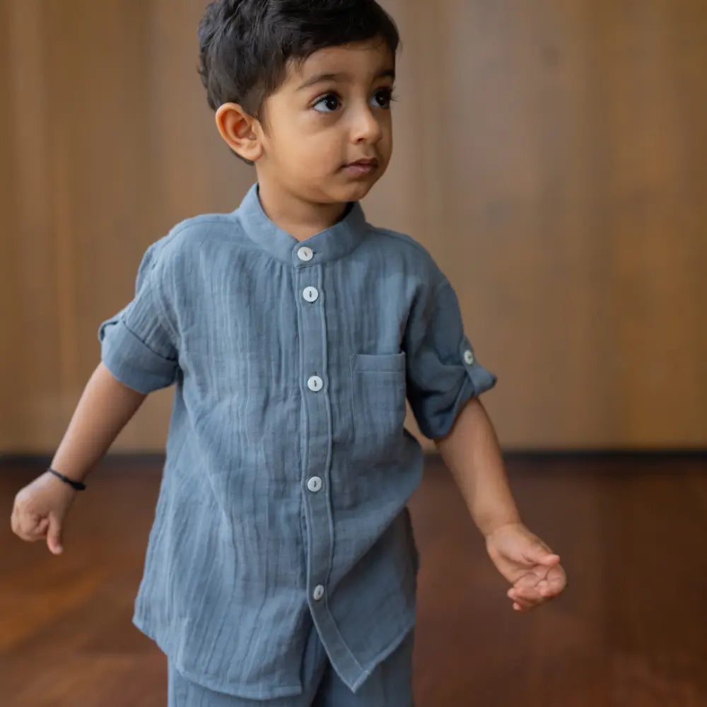 Dulaar Muslin Shirt &amp; Shorts Set - Slate Grey