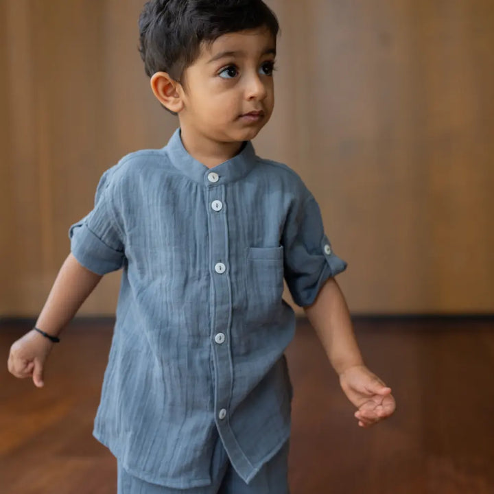 Dulaar Muslin Shirt &amp; Shorts Set - Slate Grey