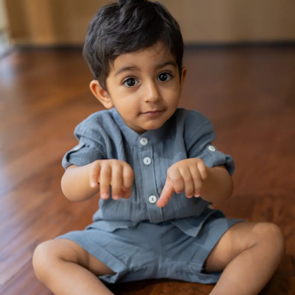 Dulaar Muslin Shirt &amp; Shorts Set - Slate Grey
