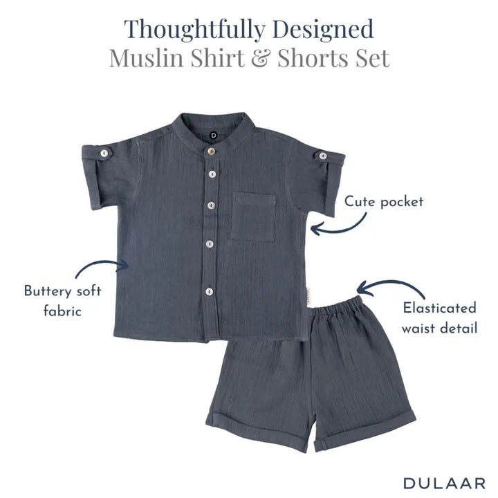 Dulaar Muslin Shirt &amp; Shorts Set - Slate Grey