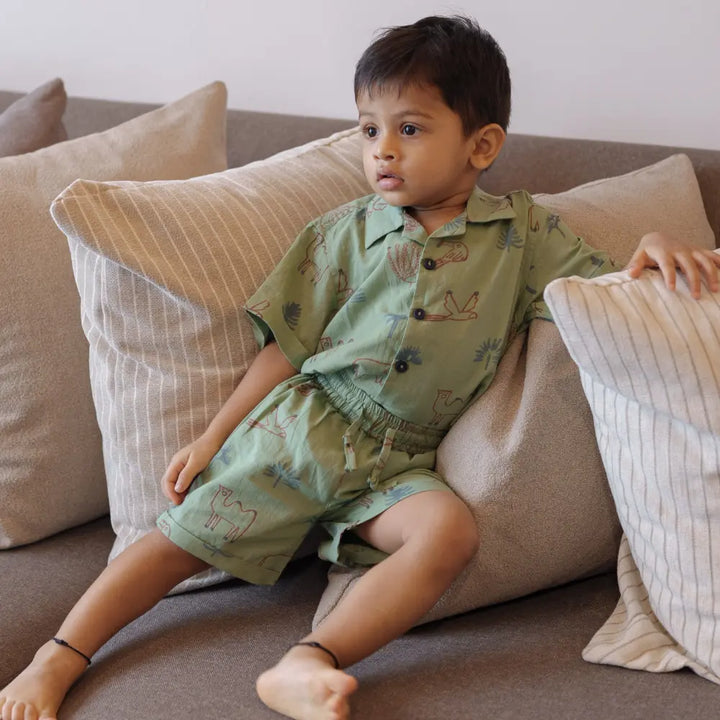 Dulaar Mulmul Shirt &amp; Shorts Set | Hand-Block Printed - Magical Jungle