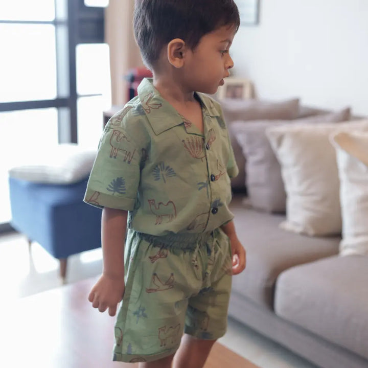 Dulaar Mulmul Shirt &amp; Shorts Set | Hand-Block Printed - Magical Jungle
