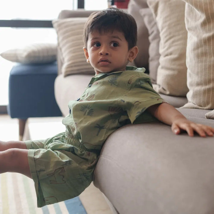 Dulaar Mulmul Shirt &amp; Shorts Set | Hand-Block Printed - Magical Jungle