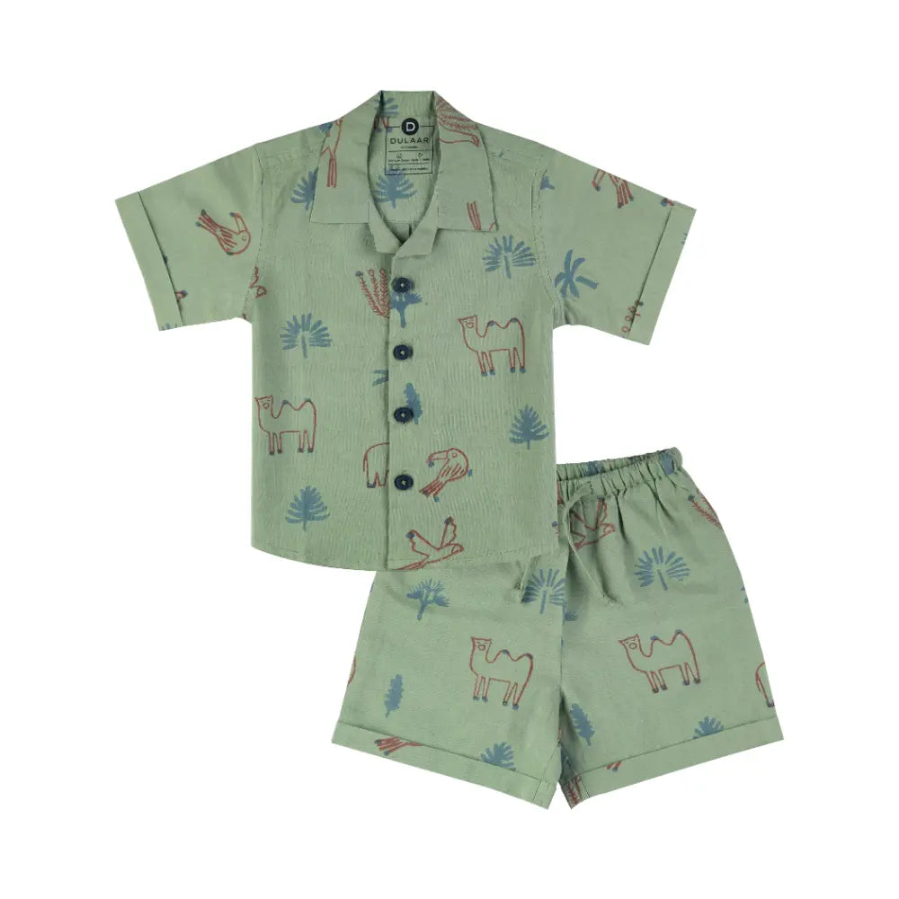 Dulaar Mulmul Shirt &amp; Shorts Set | Hand-Block Printed - Magical Jungle