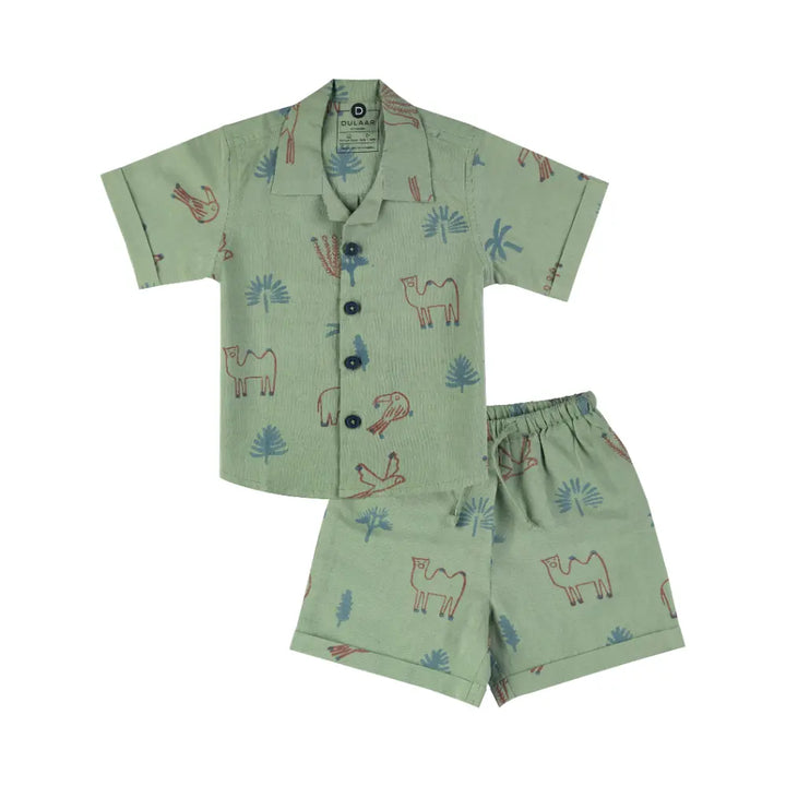 Dulaar Mulmul Shirt &amp; Shorts Set | Hand-Block Printed - Magical Jungle