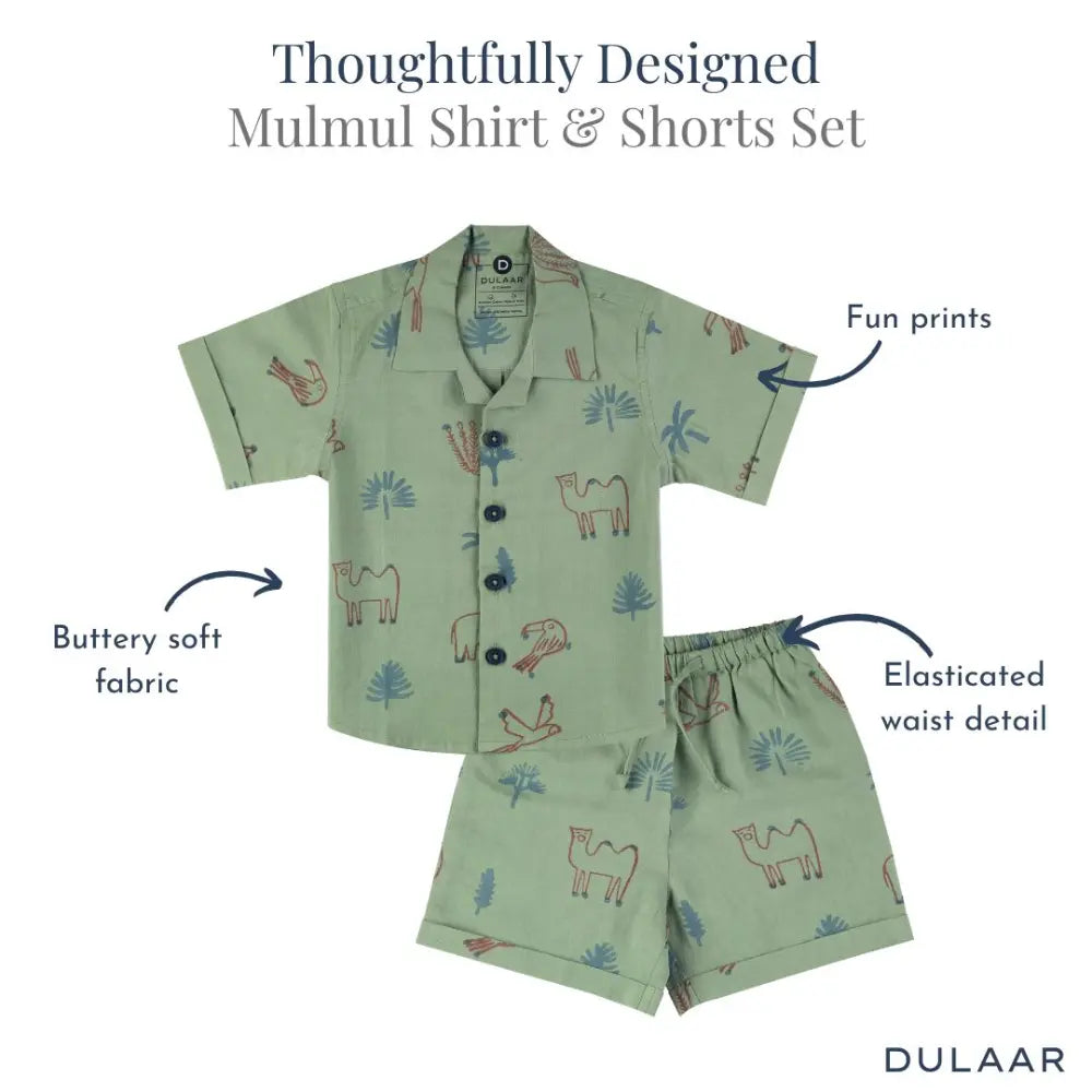 Dulaar Mulmul Shirt &amp; Shorts Set | Hand-Block Printed - Magical Jungle