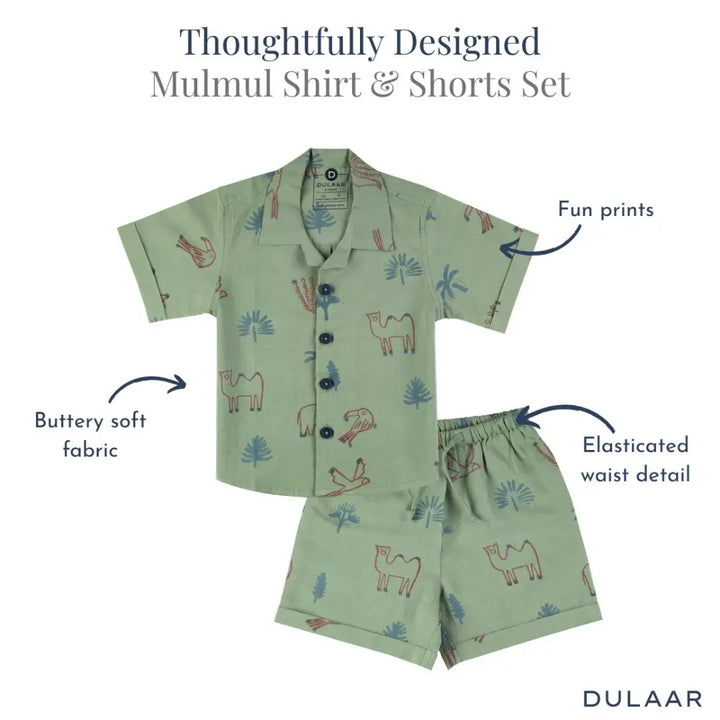 Dulaar Mulmul Shirt &amp; Shorts Set | Hand-Block Printed - Magical Jungle