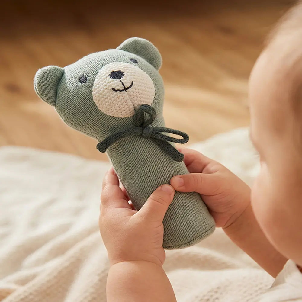 Pluchi Rattle Bear Cotton Knitted Stuffed Soft Toys for Babies / Kids - Baby Blue