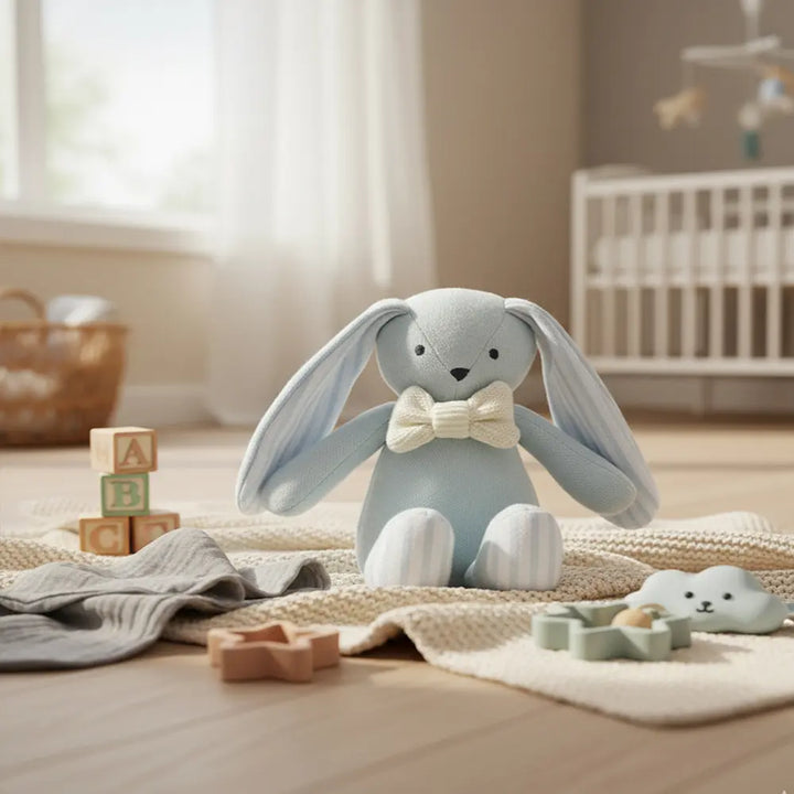 Pluchi RalphÂ BunnyÂ HopÂ Cotton Knitted Stuffed Soft Rattle Toy - Sky Blue