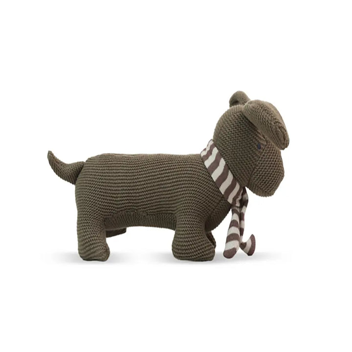 Pluchi Bruno Dog Cotton Knitted Stuffed Rattle Soft Toy With Crackle Sound on Ears - Warm Grey