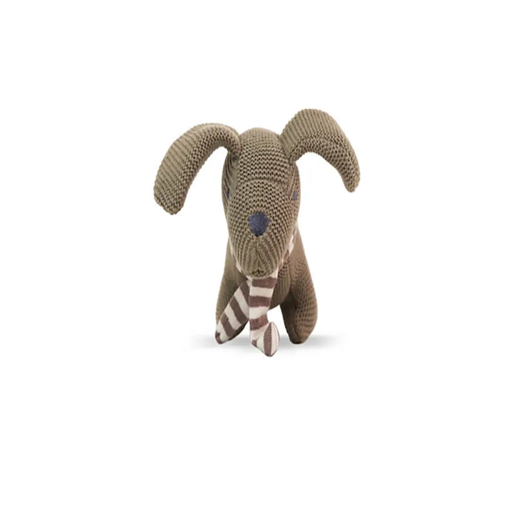 Pluchi Bruno Dog Cotton Knitted Stuffed Rattle Soft Toy With Crackle Sound on Ears - Warm Grey