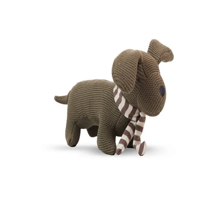 Pluchi Bruno Dog Cotton Knitted Stuffed Rattle Soft Toy With Crackle Sound on Ears - Warm Grey