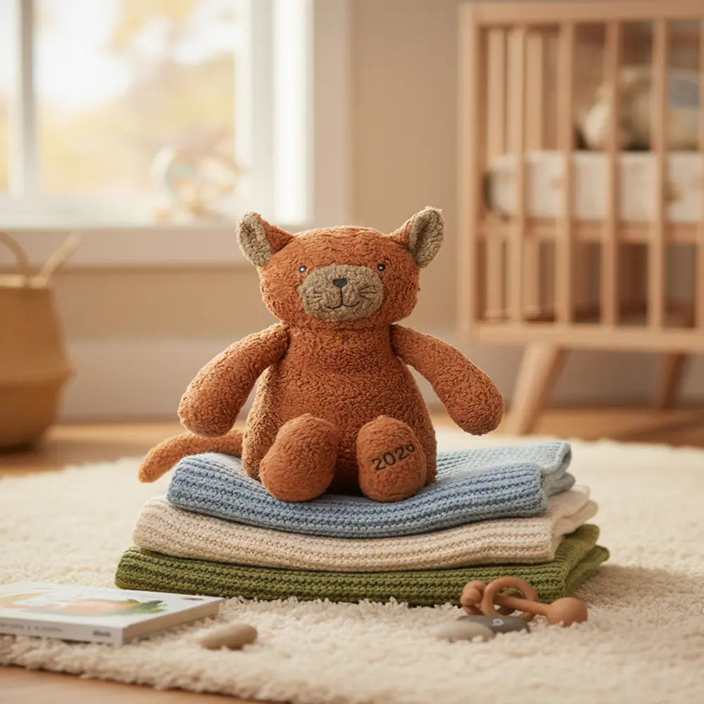 Pluchi Ginger The Cat Cotton Knitted Stuffed Soft Toy - Pale Whisper &amp; Dusty Coral