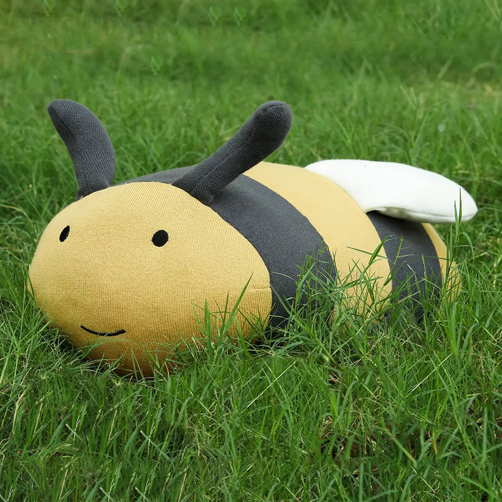 Pluchi Honey Bee Cotton Knitted Stuffed Soft Toy - Dark Grey &amp; Honey Gold