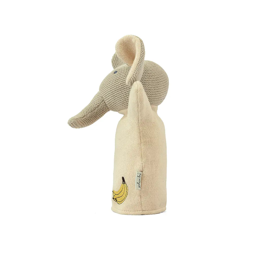 Pluchi Elephant Hand Puppet Cotton Knitted Stuffed Soft Toy - Oat &amp; Pale Whisper