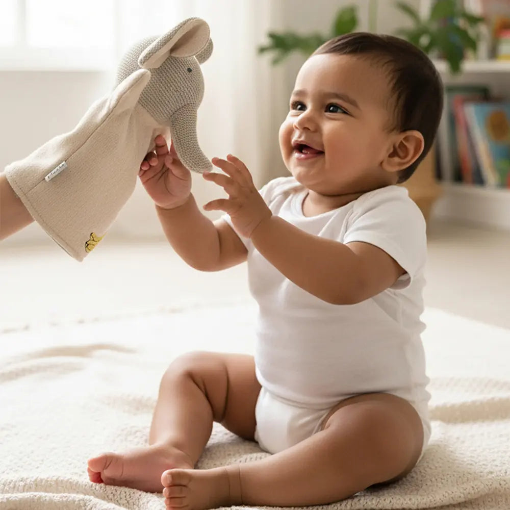 Pluchi Elephant Hand Puppet Cotton Knitted Stuffed Soft Toy - Oat &amp; Pale Whisper