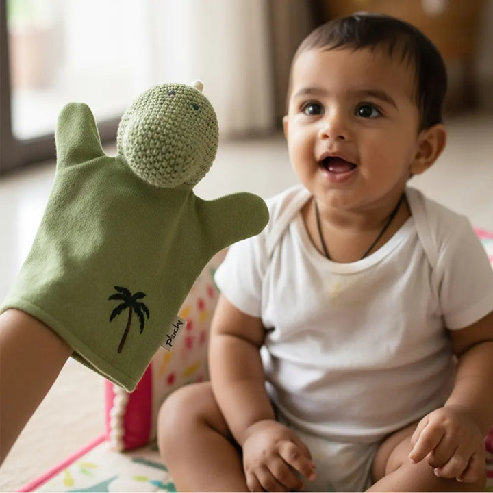 Pluchi Dino Hand Puppet Cotton Knitted Stuffed Soft Toy - Green