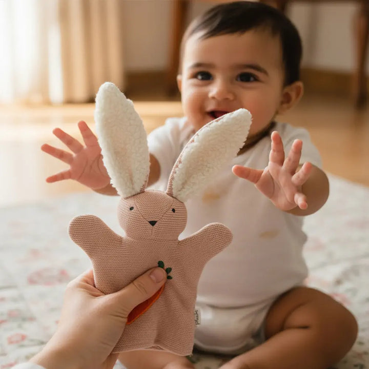 Pluchi Rabbit Hand Puppet Cotton Knitted Stuffed Soft Toy - Pale Pink
