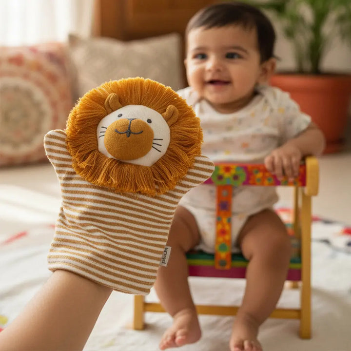 Pluchi Lion Hand Puppet Cotton Knitted Stuffed Soft Toy - Mustard