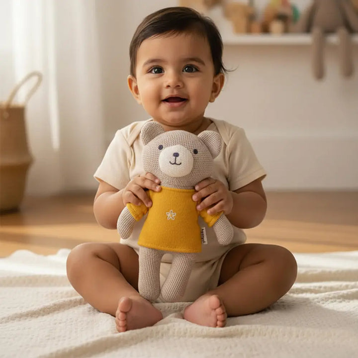 Pluchi Kensington Teddy Cotton Knitted Stuffed Soft Toy - Beige and Yellow