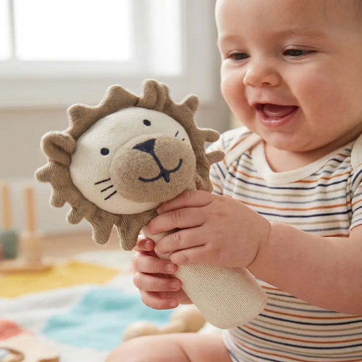 Pluchi Rattle Lion Cotton Knitted Stuffed Soft Toys for Babies / Kids - Stone &amp; Natural