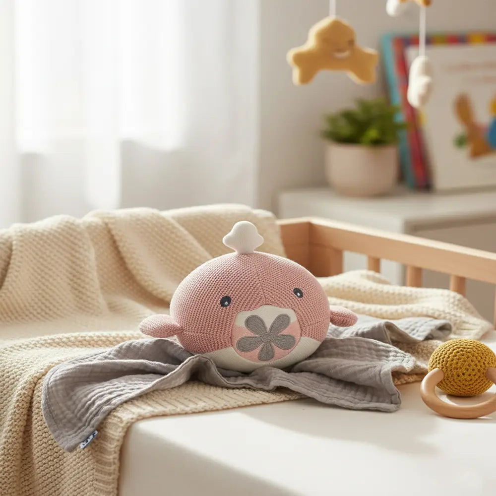 Pluchi Marlow Fish Cotton Knitted Stuffed Soft Toy for Babies &amp; Kids - Pink &amp; Natural
